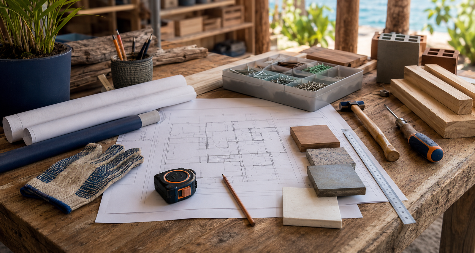 Mesa de trabajo con planos, herramientas y muestras de materiales para planear un proyecto