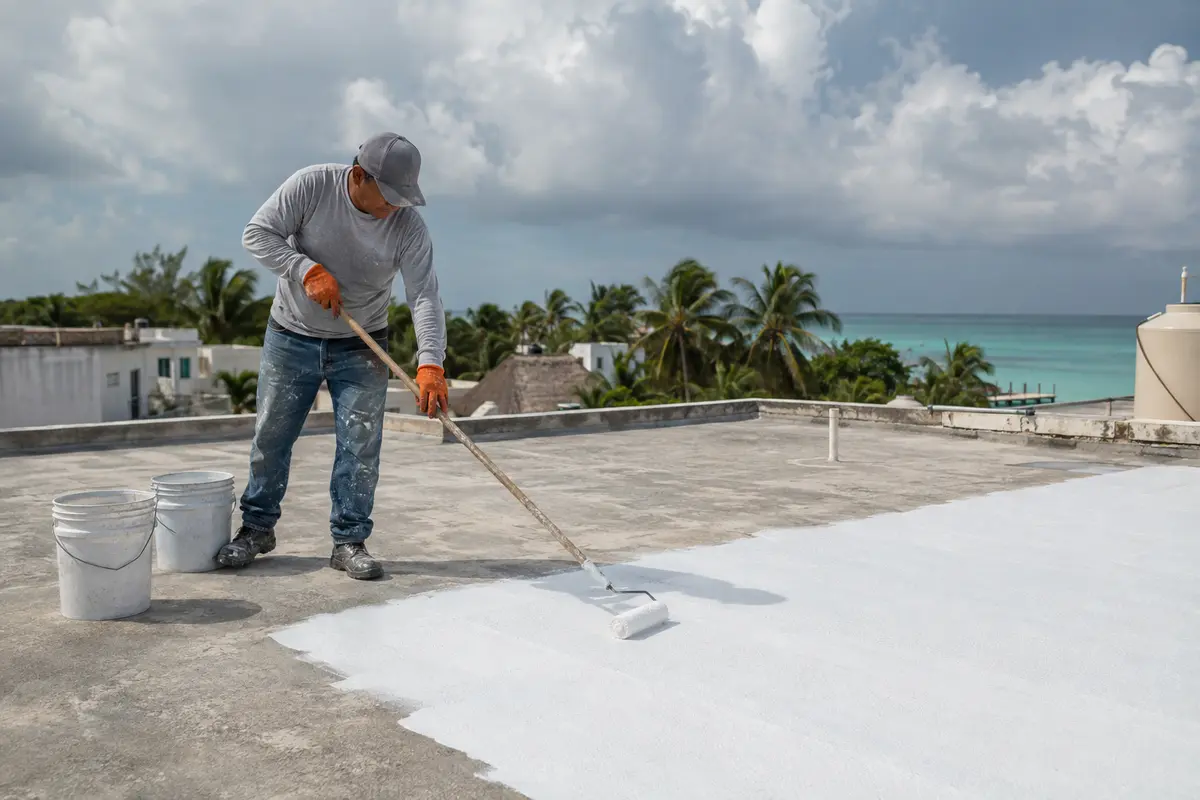 Aplicación de impermeabilizante blanco sobre una azotea limpia