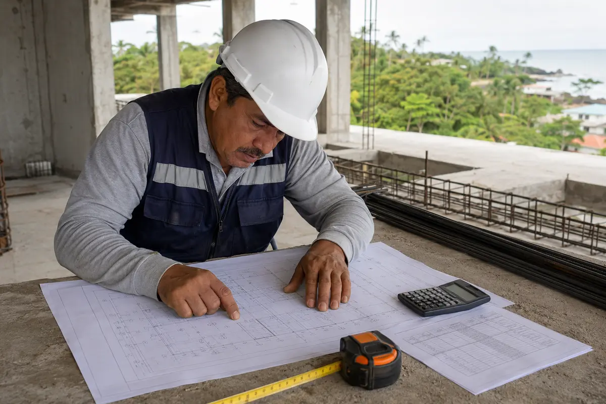 Preparación de una losa de concreto con acero de refuerzo y herramientas de medición